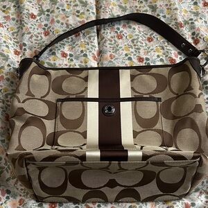 Coach Signature Stripe Shoulder Bag in Brown and Cream